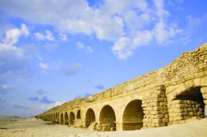 Perfectly kept aqueduct of the Roman period at coast of Mediterranean sea in Israel